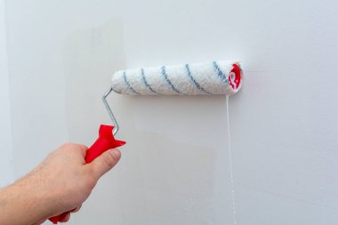 Duvarı hazırlama sürecinde bir inşaat tekeriyle el ele. Odayı yenileme ve dekore etme konsepti. Antiseptik tedavisi. Duvarı boyama ya da duvar kağıtları için hazırlıyorum..