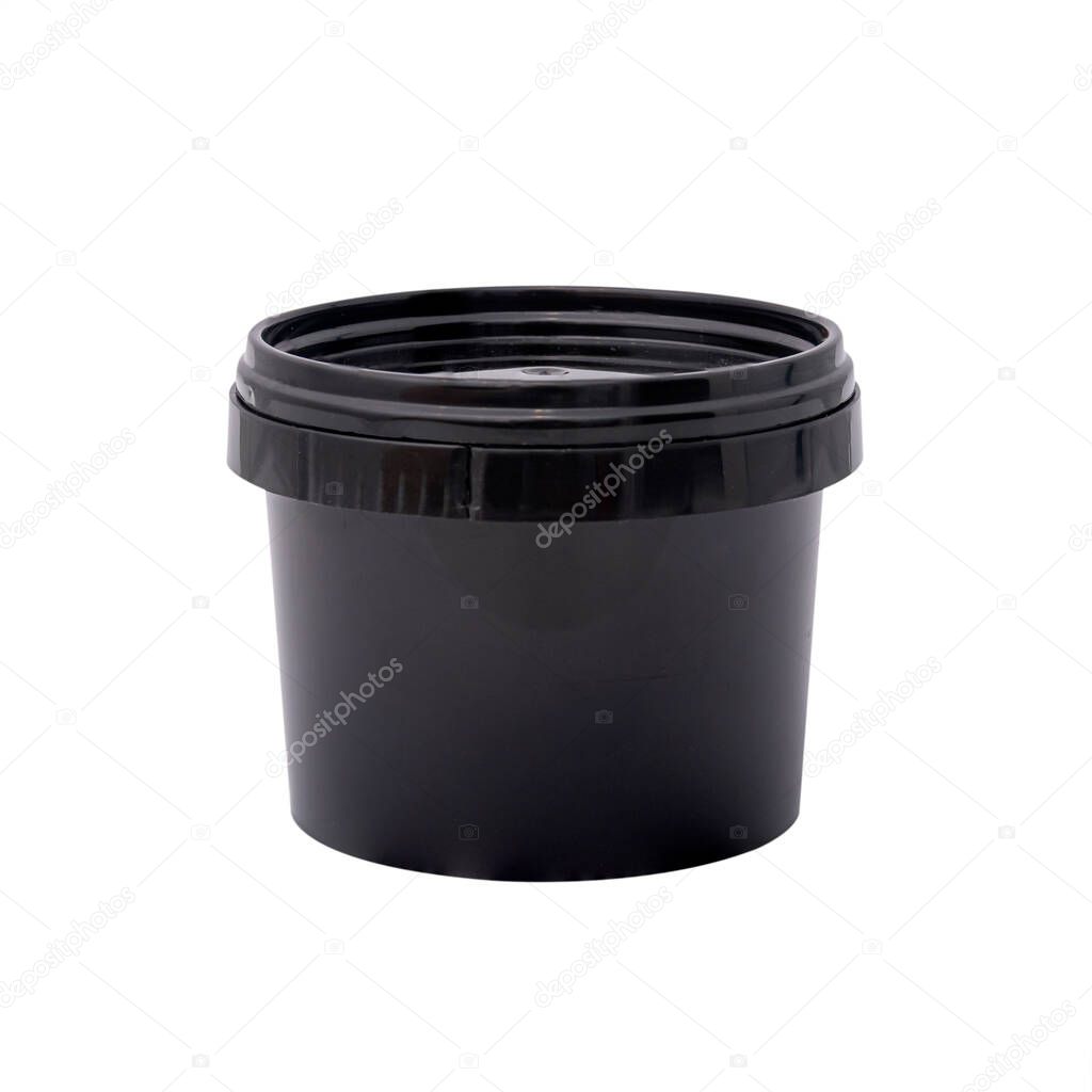 Black round plastic container with lid isolated on white background. Image object for project and design.