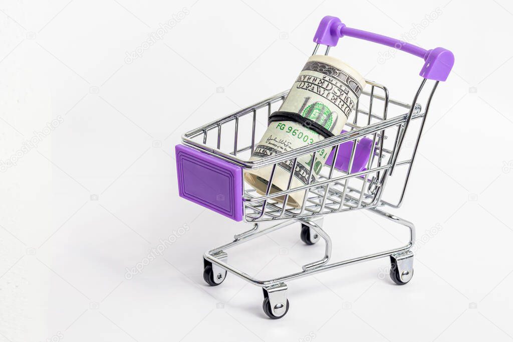 supermarket cart with dollars. Basket with US dollars inside isolated on white background. Investment, finance and exchange rate concept.