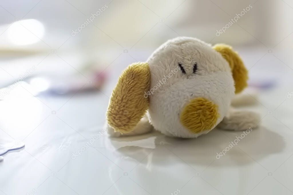 Children's toy dog. Close-up of a toy. Fridge magnet.