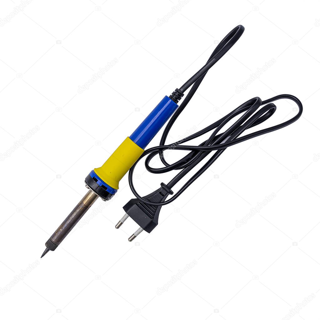 Soldering iron isolated on white background. Soldering iron with blue and yellow handle.