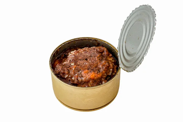 Open Tin Can Yellow Metal Isolated White Background Braised Meat — Foto de Stock