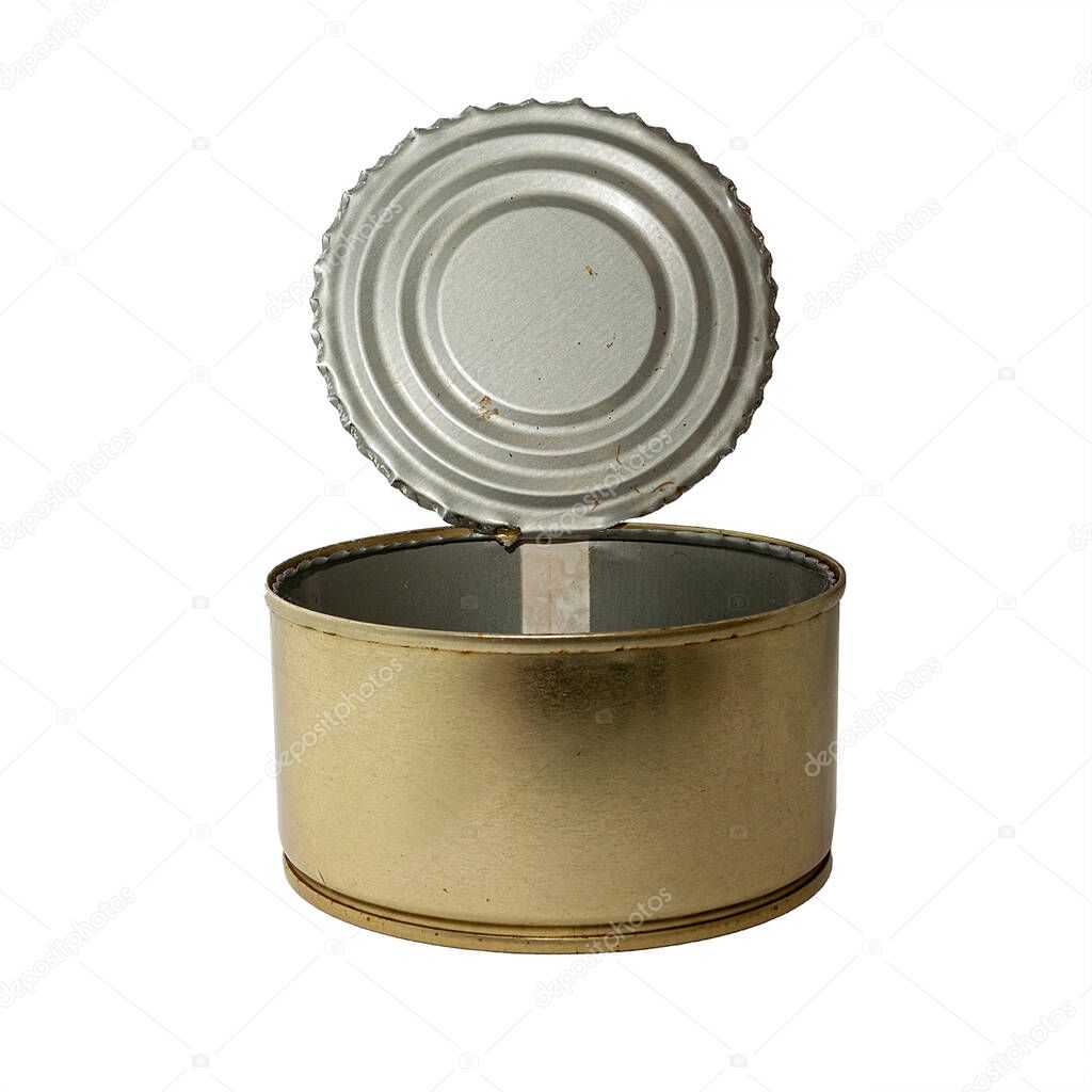 Open tin can isolated on white background. Object for project and design.