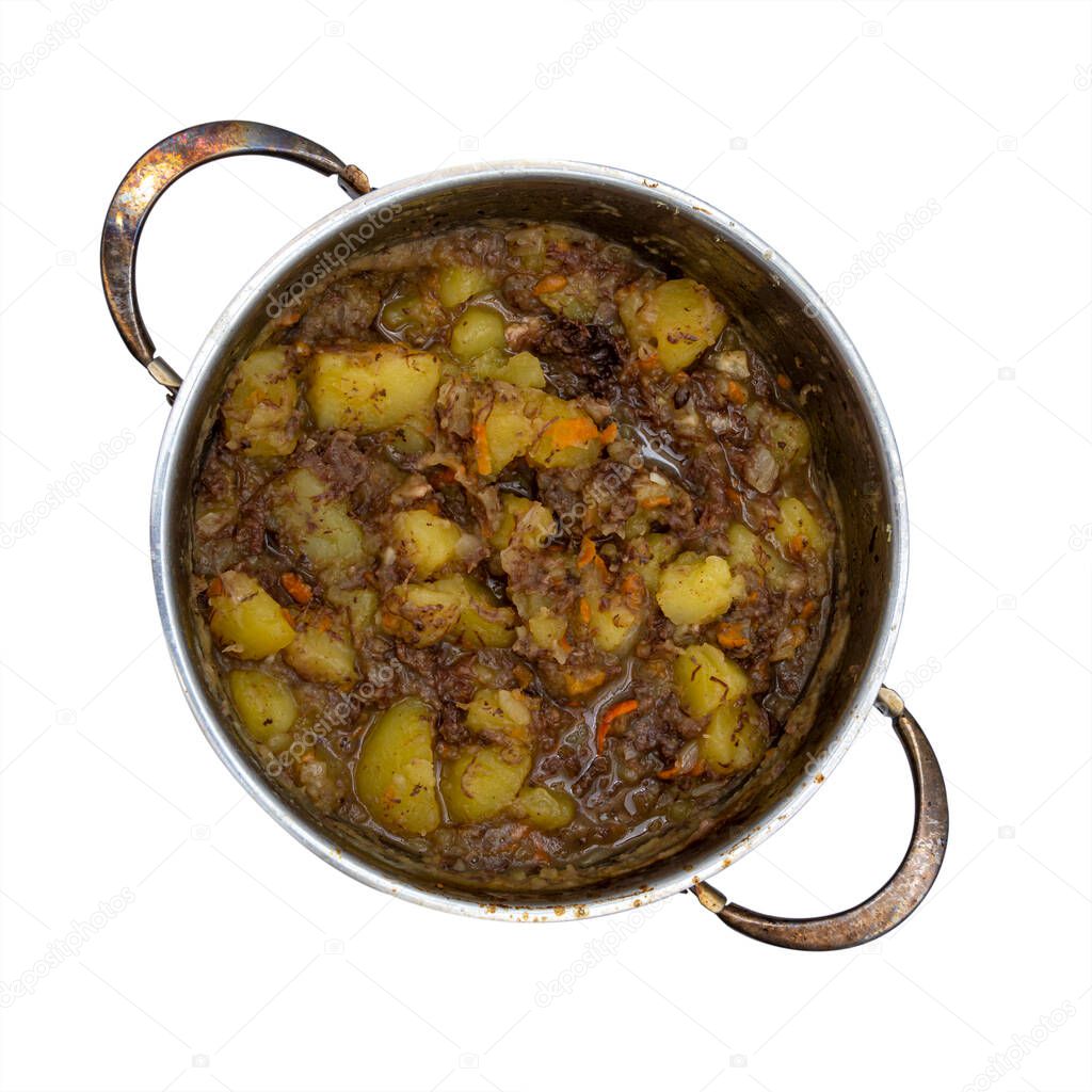 Potatoes with bear stew in a saucepan. Stewed potatoes with meat. Casserole isolated on a white background. Object for project and design.
