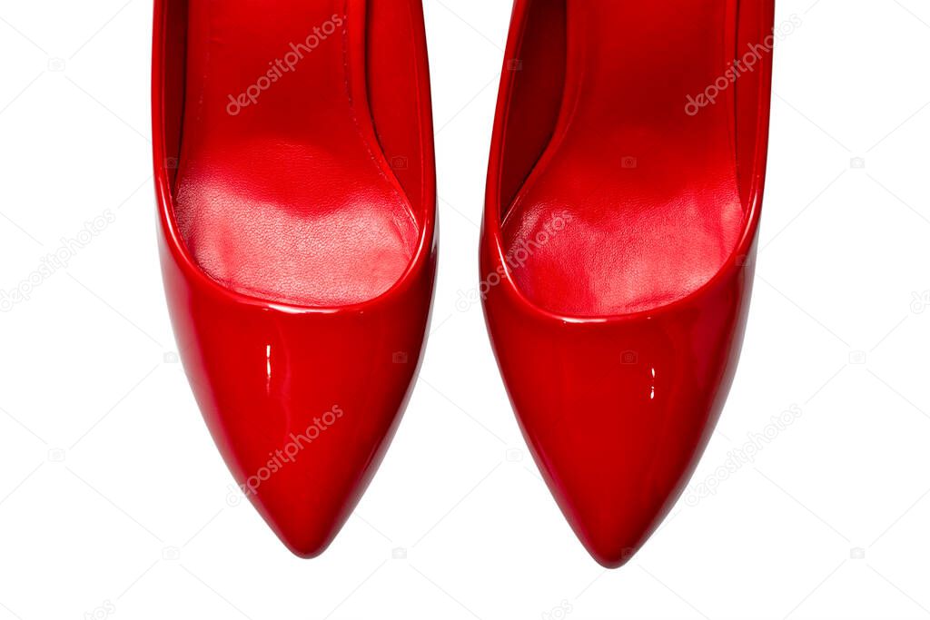 Red glamorous and fashionable women's shoes socks isolated on white background. Image for project and design.