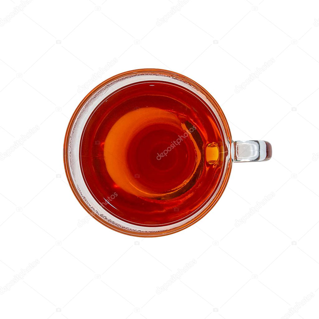 Glass cup of black tea isolated on white background, top view. Object for project and design.