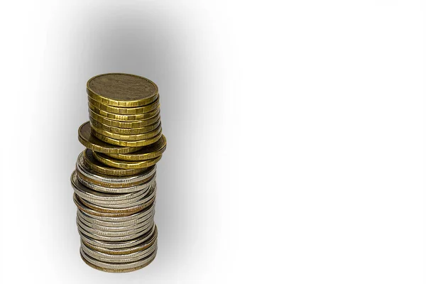 Stack Coins Different Monetary Value Unfocused Background Isolated White Copy — Stock Photo, Image