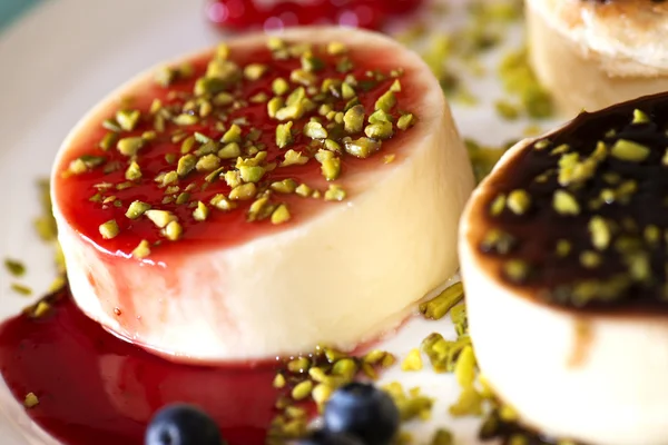 Panna cotta s borůvkami a malé zelené pistácie — Stock fotografie