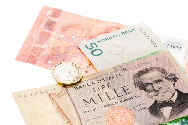 Vintage italian and norges banknotes  and euro money — Stock Photo, Image