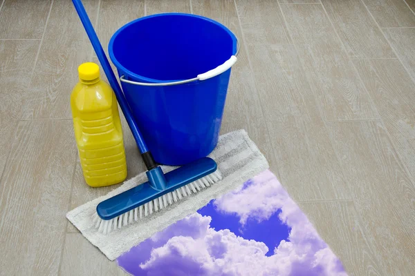 Cleaning products on old floor — Stock Photo, Image