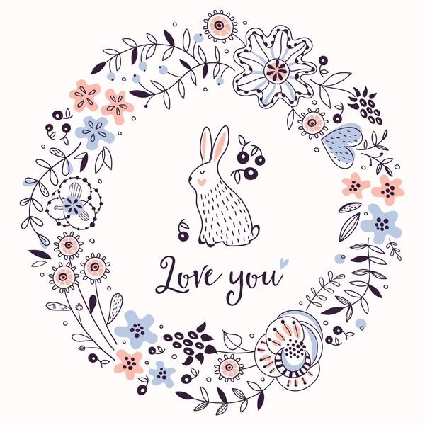 Romantische bloemen frame met schattig konijn. Vector achtergrond — Stockvector