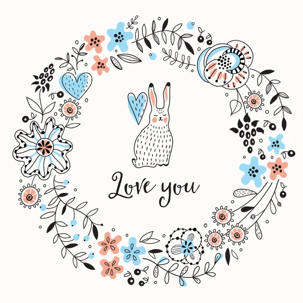 Romantic floral frame with cute rabbit. Vector background — Stock Vector