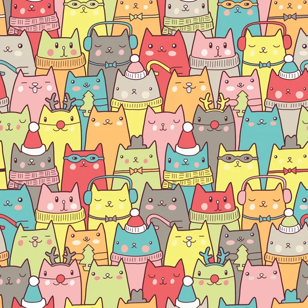 Gatos de Navidad patrón sin costura — Vector de stock