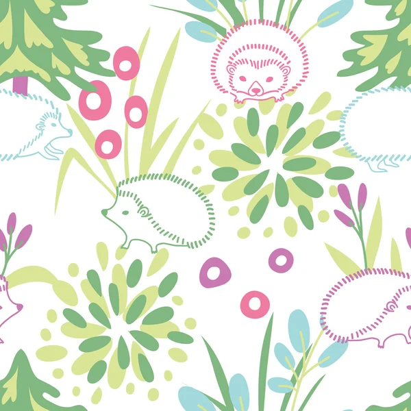 Hedgehogs in the forest. Vector seamless pattern — Stock Vector