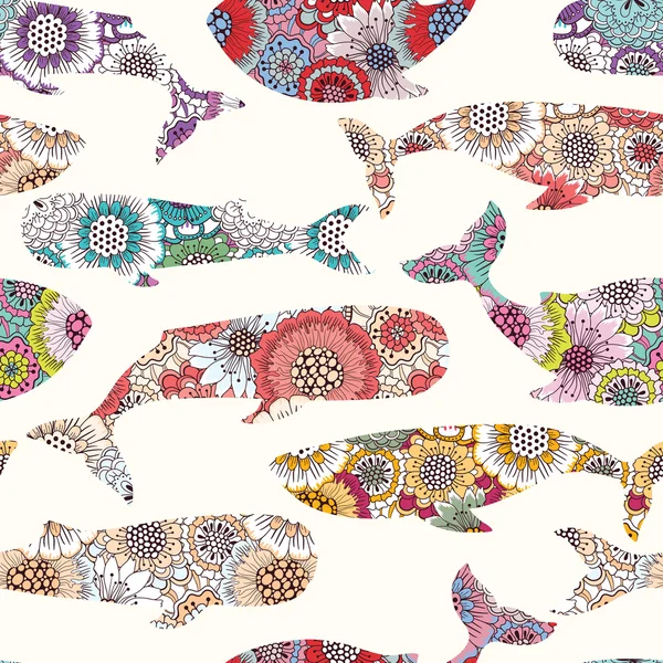 Floral whales seamless pattern — Stock Vector