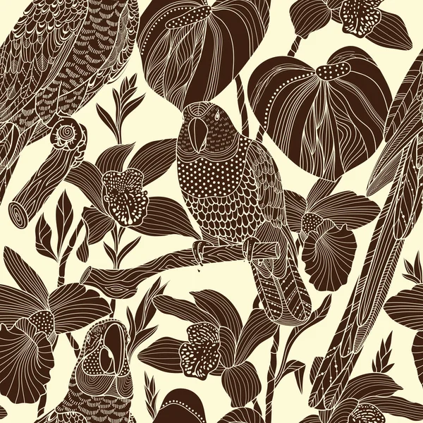 Perroquets et fleurs tropicales. Modèle sans couture vectoriel — Image vectorielle