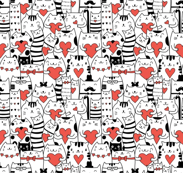 Cats with hearts seamless pattern — Stock Vector