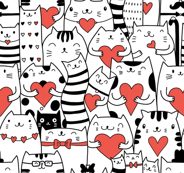 Gatos con corazones patrón sin costuras — Archivo Imágenes Vectoriales