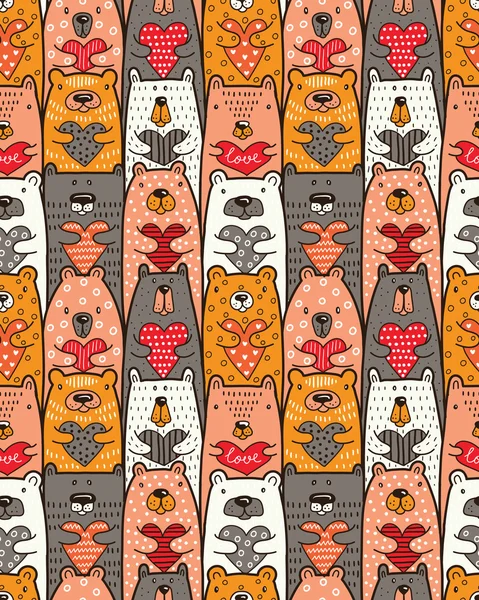 Bears with hearts. Vector seamless pattern — Stock Vector
