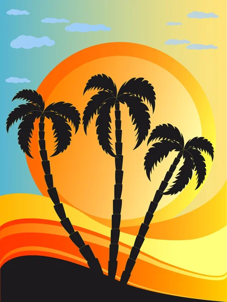 Ola tropical, puesta de sol y palmeras — Vector de stock