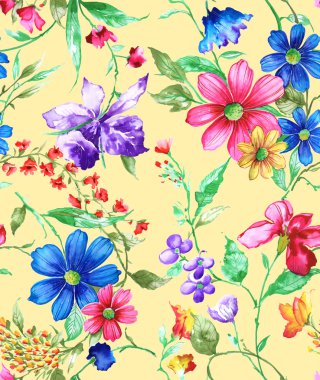 Dikişsiz suluboya desen, flora tropik çiçekler