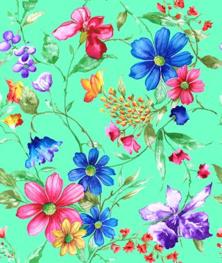 Dikişsiz suluboya desen, flora tropik çiçekler