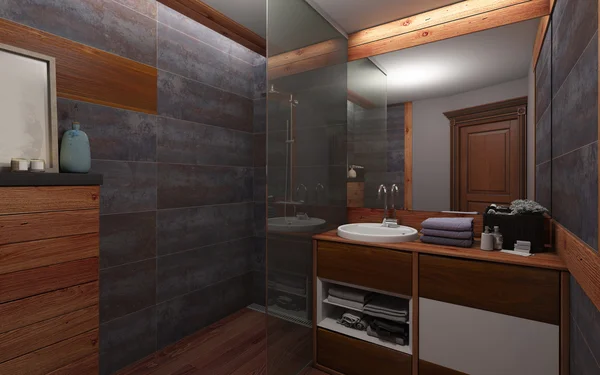 Koupelna v tmavé barvy a dřevo — Stock fotografie