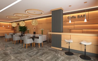 Sıcak otel lobisinde ahşap duvar ile