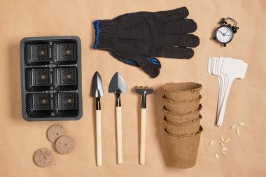 Kraft kağıdındaki çalar saat ve bahçe aletleri. Üst görünüm, küçük spatula plakaları, eldivenler ve turba tabletleri. Tohum ekmek için her şey.