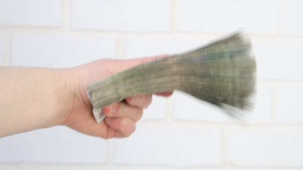 Le mani femminili tengono soldi, 1000 rubli sullo sfondo di un muro di mattoni, un sacco di soldi in rubli 4k video — Video Stock