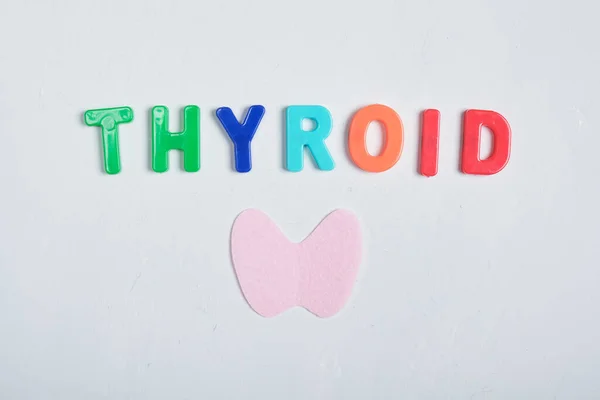 cut out from felt thyroid gland and inscription from plastic letters thyroid gland on gray background, thyroid awareness month concept top view