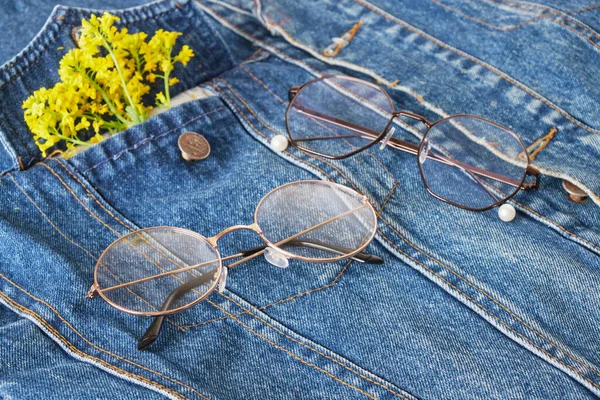 Eye Glasses Metal Frames Pocket Blue Denim Jacket Trend Eyes — Stock Photo, Image