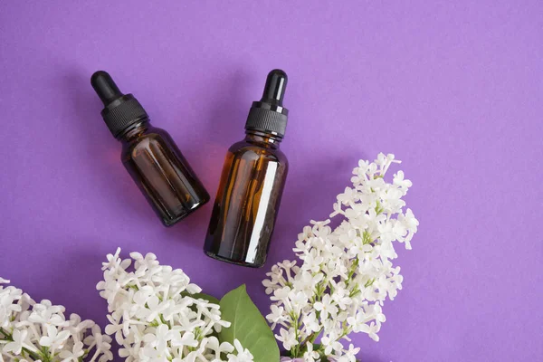 Kozmetik yağlar veya serumlar için kahverengi bir şişe ve parlak mor arka planda beyaz leylak yüz ve vücut bakımı için doğal kozmetik ürünler. Boşluk üst görünümünü kopyala