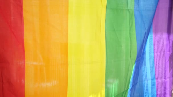 Σημαία ΛΟΑΤ στο παράθυρο. Σημαία ομοφυλοφιλικής υπερηφάνειας. Έννοια της ευτυχίας ελευθερία αγάπη ζευγάρι του ιδίου φύλου, — Αρχείο Βίντεο