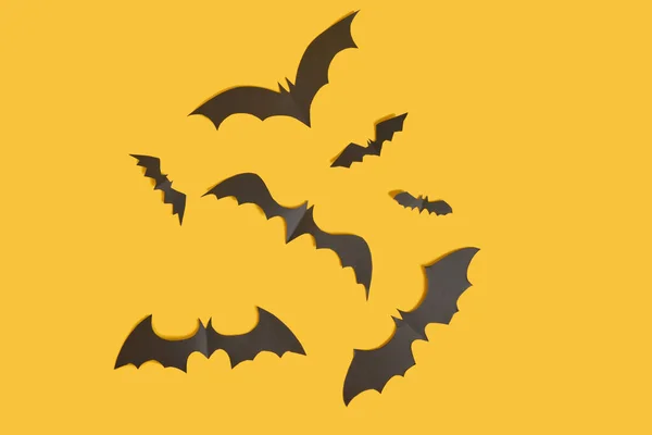 Bats Cut Black Paper Orange Background Dekorasi Halloween Buatan Tangan — Stok Foto