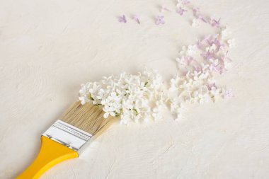 Açık desenli arkaplan kopyalama alanı üzerinde boya fırçası ve leylak çiçekleri