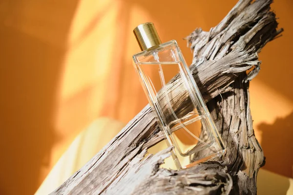 Bottiglia Vetro Profumo Legno Alla Deriva Fondo Ombra Naturale Profumo — Foto Stock