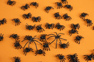 Turuncu arka planda siyah plastik örümceklerin deseni. Cadılar Bayramı. Şeker mi şaka mı konsepti. Üst Manzara. Mutlu Cadılar Bayramı