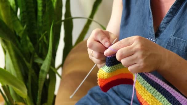 Adult woman knitting lgbt community flag sitting on armchair Symbol of gay pride in crochet. Rainbow. Texture. — Stock Video