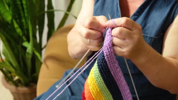Adulte femme tricot drapeau communautaire lgbt assis sur le fauteuil Symbole de fierté gay en crochet. Arc en ciel. Texture. — Video