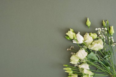 Koyu yeşil arkaplanda limon beyaz ve yeşil güller, kartpostal, kopya alanı, üst görünüm, düz yatış