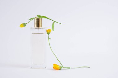 Şeffaf bir parfüm şişesi ve gri arka planda güzel çiçekler. Temiz cam ve metal bakır kapak. Taze çiçek parfümü konsepti