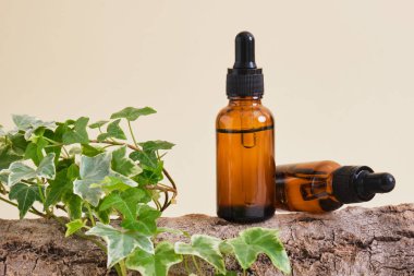 Kehribar cam şişe ve yüz serumu ya da bej arka planda ağaç kabuğu yağı. Doğal kozmetik konsepti