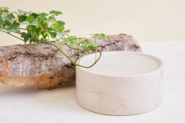 Ağaç ve seramik yuvarlak podyumlu yaratıcı kompozisyon, açık bej arka planda ahşap doku, organik kozmetik ürünler. Uzayı kopyala Model, Eco Freindly yaşam tarzı