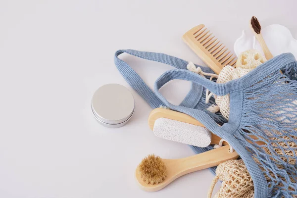Eco Set Body Care Knitted Bag Gray Background Natural Cosmetics — Stock Photo, Image