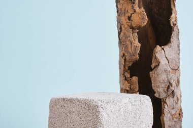 Beton boş podyumlar ve açık mavi arka planda ağaç kabuğu. Ürün standlarını düzenle. Boşluğu kopyala