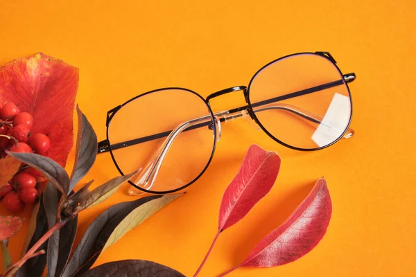 Birkaç Farklı Moda Moda Gözlüğü Turuncu Arka Planda Kırmızı Sonbahar — Stok fotoğraf