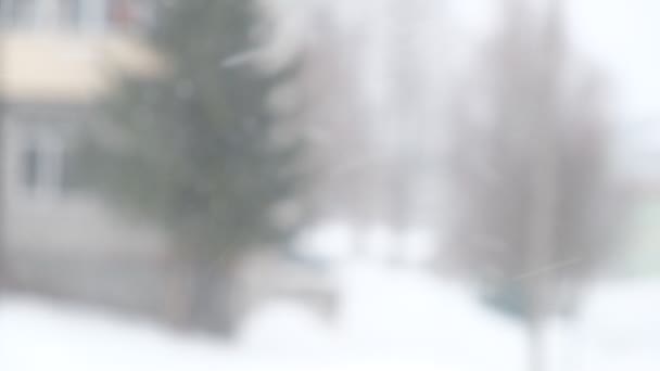 Śnieg Mieście Widok Okna Śnieżynki Snowy Drzew Samochodów Budynków Dróg — Wideo stockowe