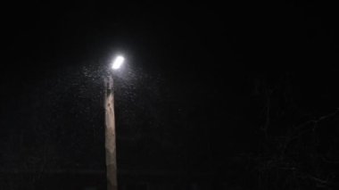 Sokak lambası ve gece karı, kar taneleri lambanın ışığında, karanlık gece
