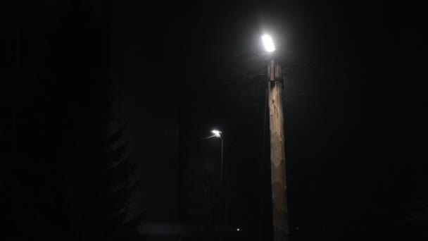 Farola Nevada Nocturna Copos Nieve Luz Lámpara Noche Oscura — Vídeo de stock